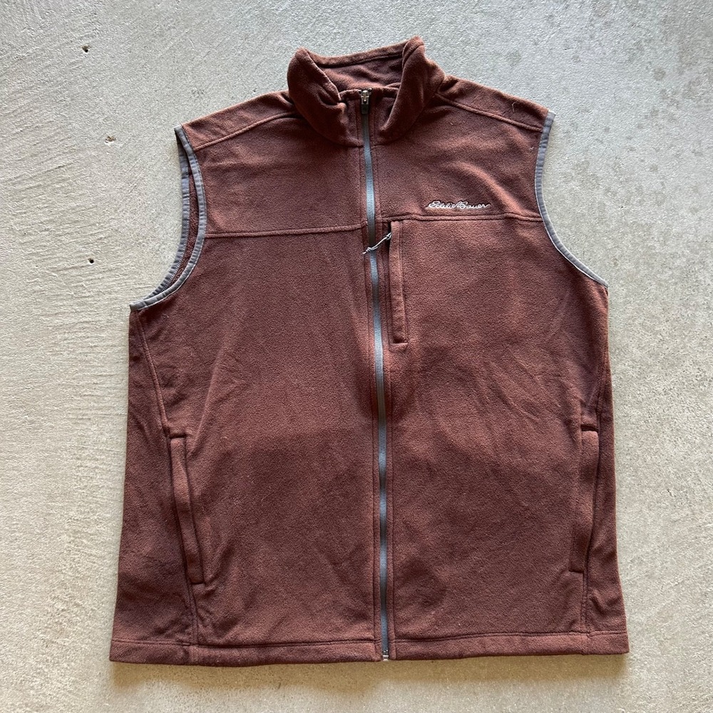 Eddie Bauer Fleece Vest Mens Large Brown Gray Full Zip Jacket Outdoor Hiking